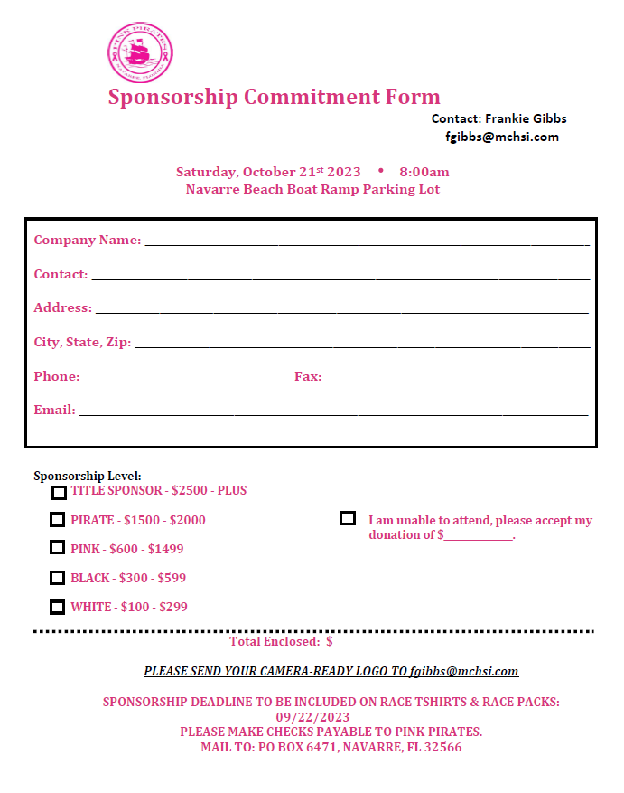 Pink Pirates Sponsorship Form 2023